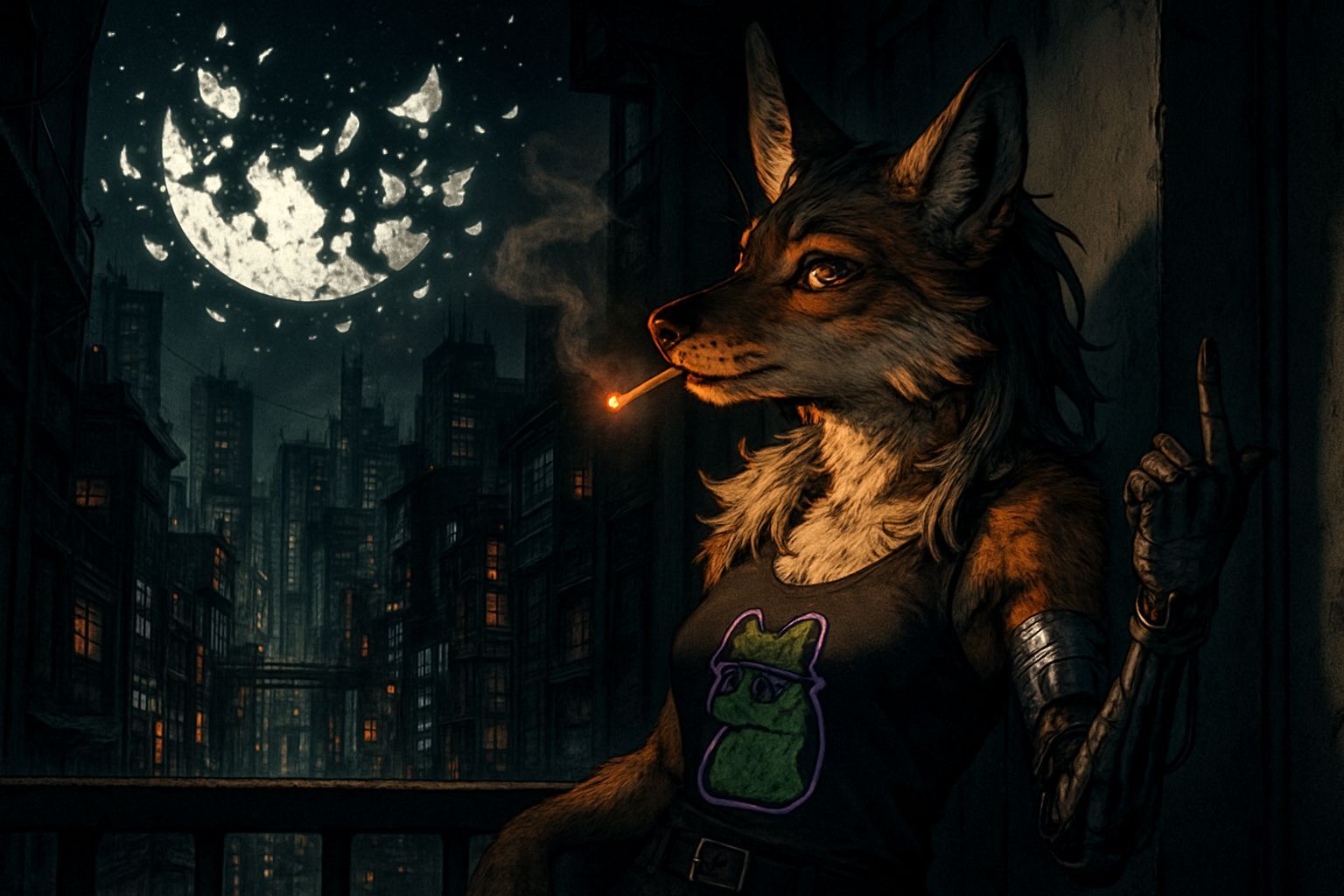 Cyberpunk Jackal in Dystopian Anime Cityscape
