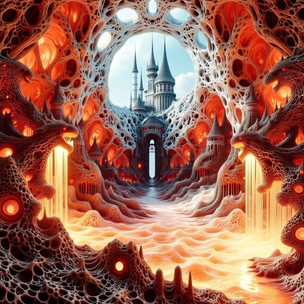 Warped Castle with Dragon Patterns in Elastic Reality