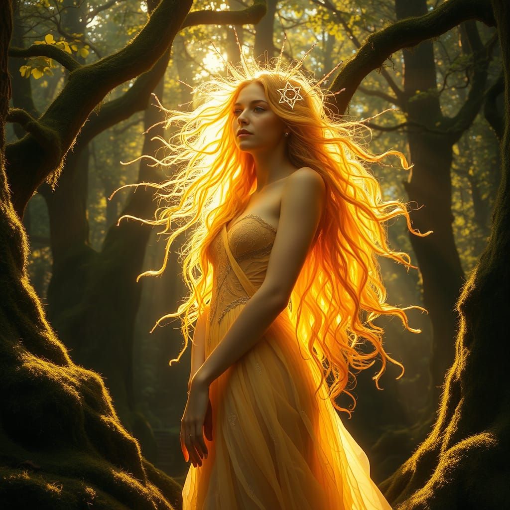 Sun Dryad Embracing Golden Hour Forest