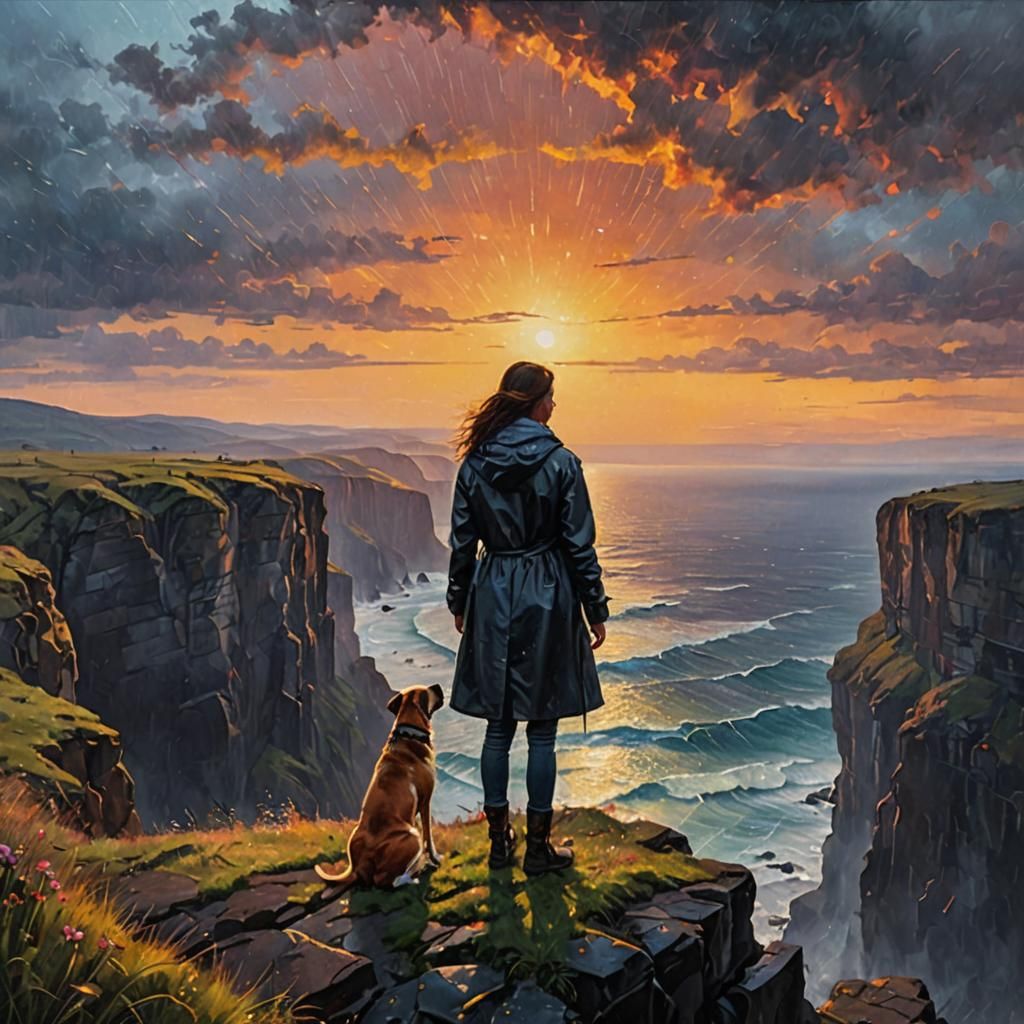 Woman and Dog Watch Glittering Sundown: Oil Painting