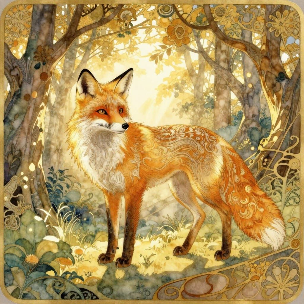Art Nouveau Fox in Sun-Dappled Forest Clearing