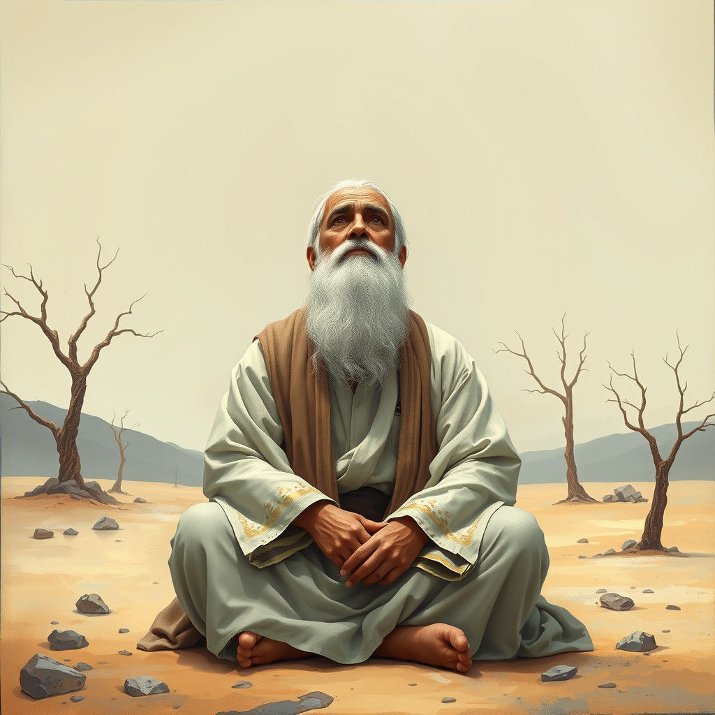 Prophet Ayyub in Desolate Landscape, Inspired by Persian Art
