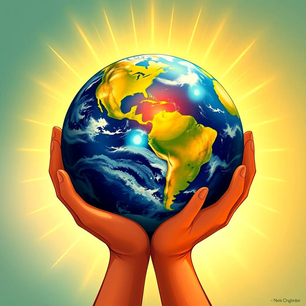 Giant Hands Cradling Earth Filled with Light