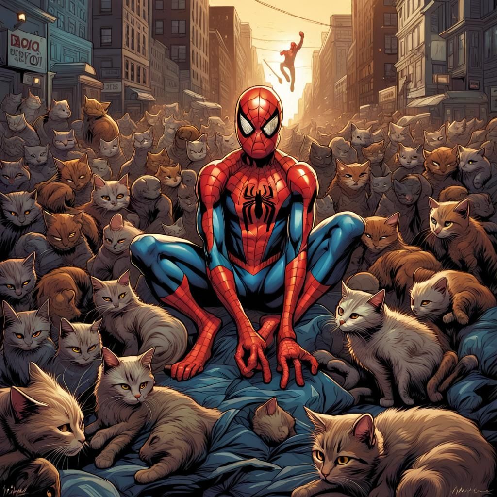 Spider-Man Cat Army in Comic Book Style