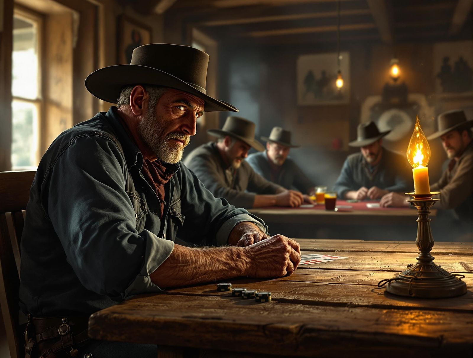 Photorealistic picture of a western movie scene. Dust motes danced in the harsh sunlight slanting through the saloon's g...