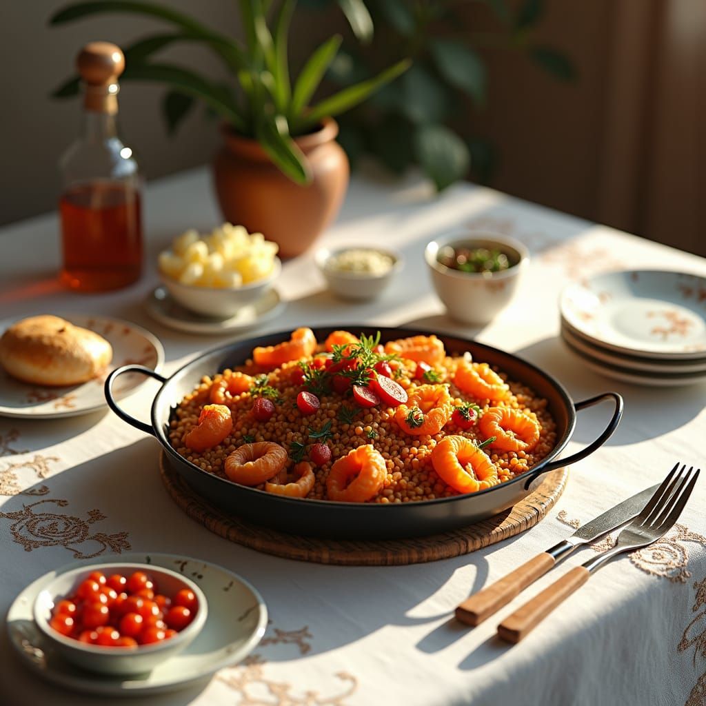 Valencian Paella Still Life in Photorealistic Style