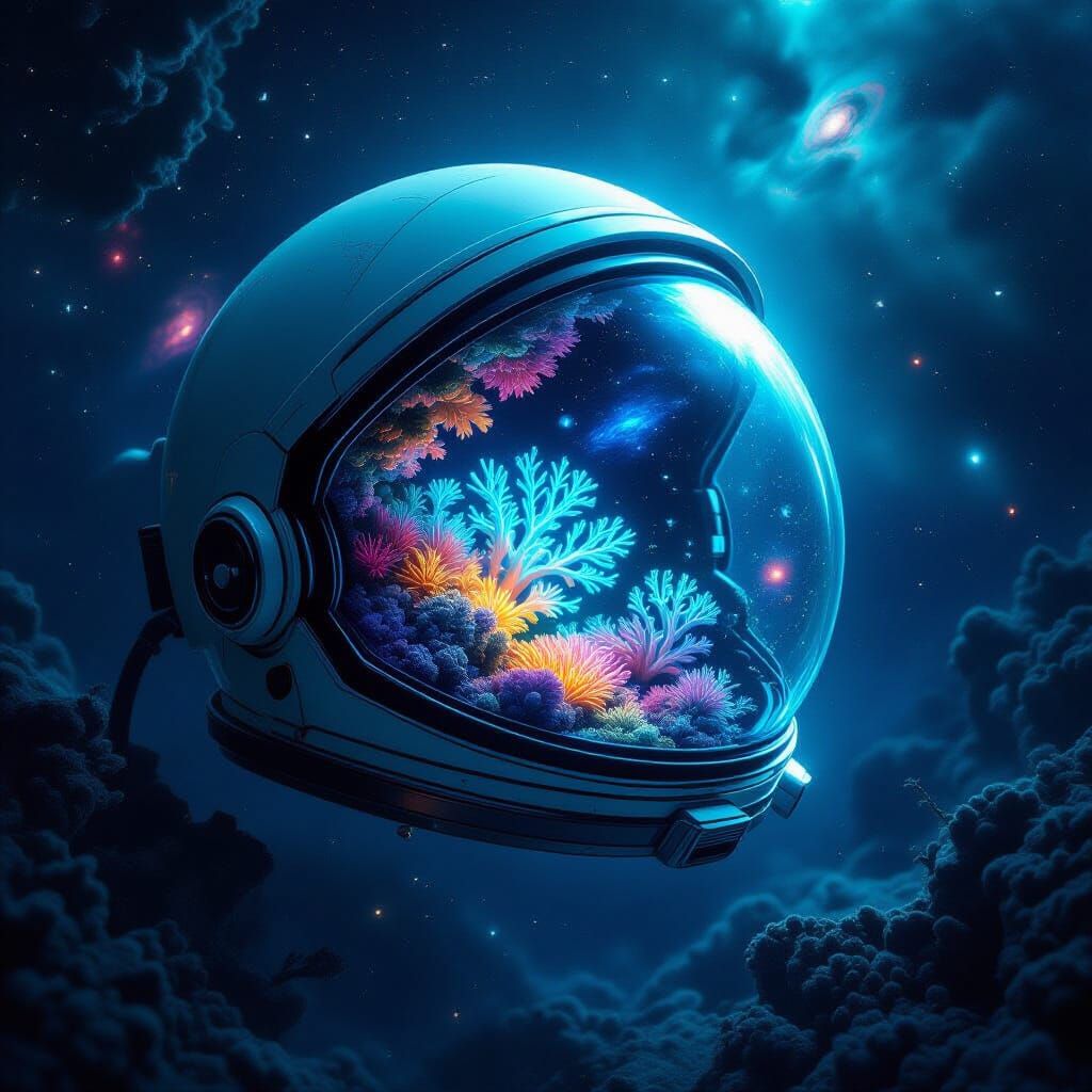 Bioluminescent Coral Reef in Space Helmet