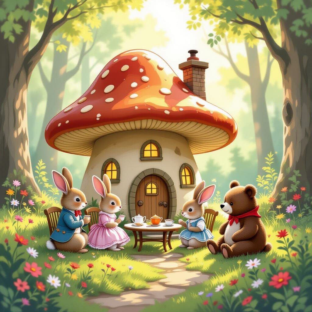 Whimsical Woodland Tea Party in Pen Drawing Style