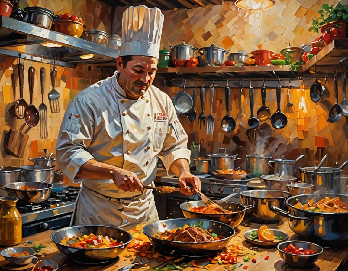 Chef in Bustling Kitchen: Impressionist Culinary Art