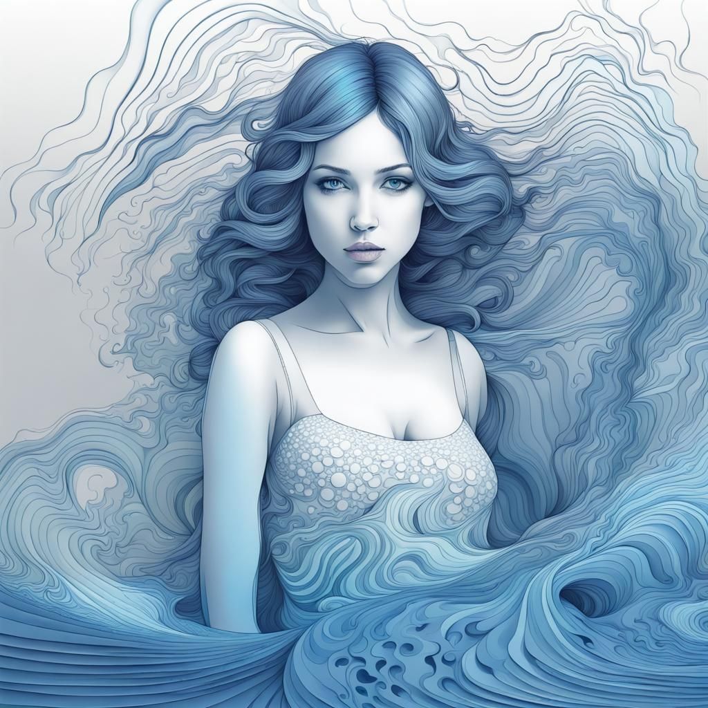 Girl with Blue Skin by Lake in Abstract Style