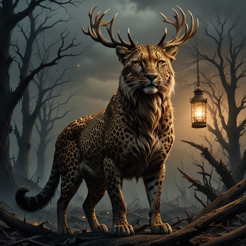 Leopard-Eagle-Deer Hybrid in Post-Apocalyptic Ruins, Cyberpu...
