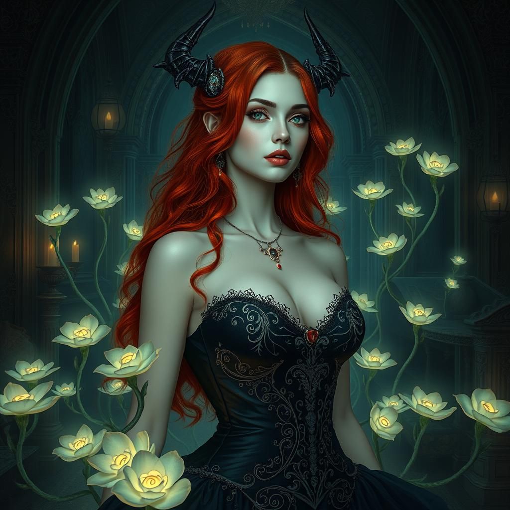 Redhead Witch in Gothic Chamber, Dark Futuristic Art