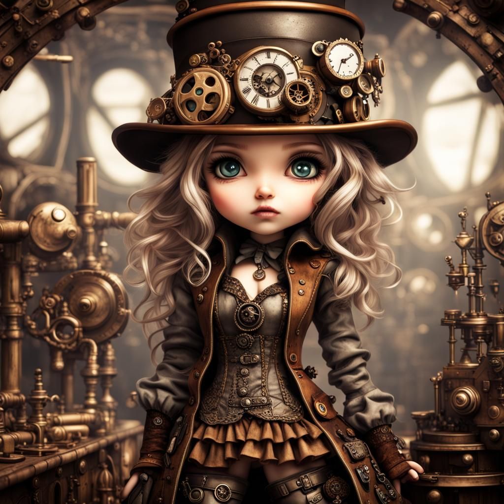 Hyperrealistic Steampunk Chibi Girl in Cinematic Style