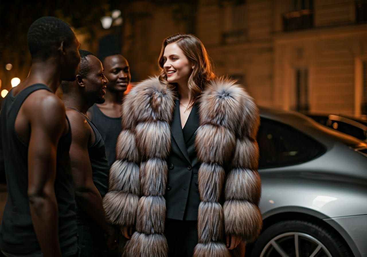 Elegant Aristocrat Engages with Refugees in Parisian Night
