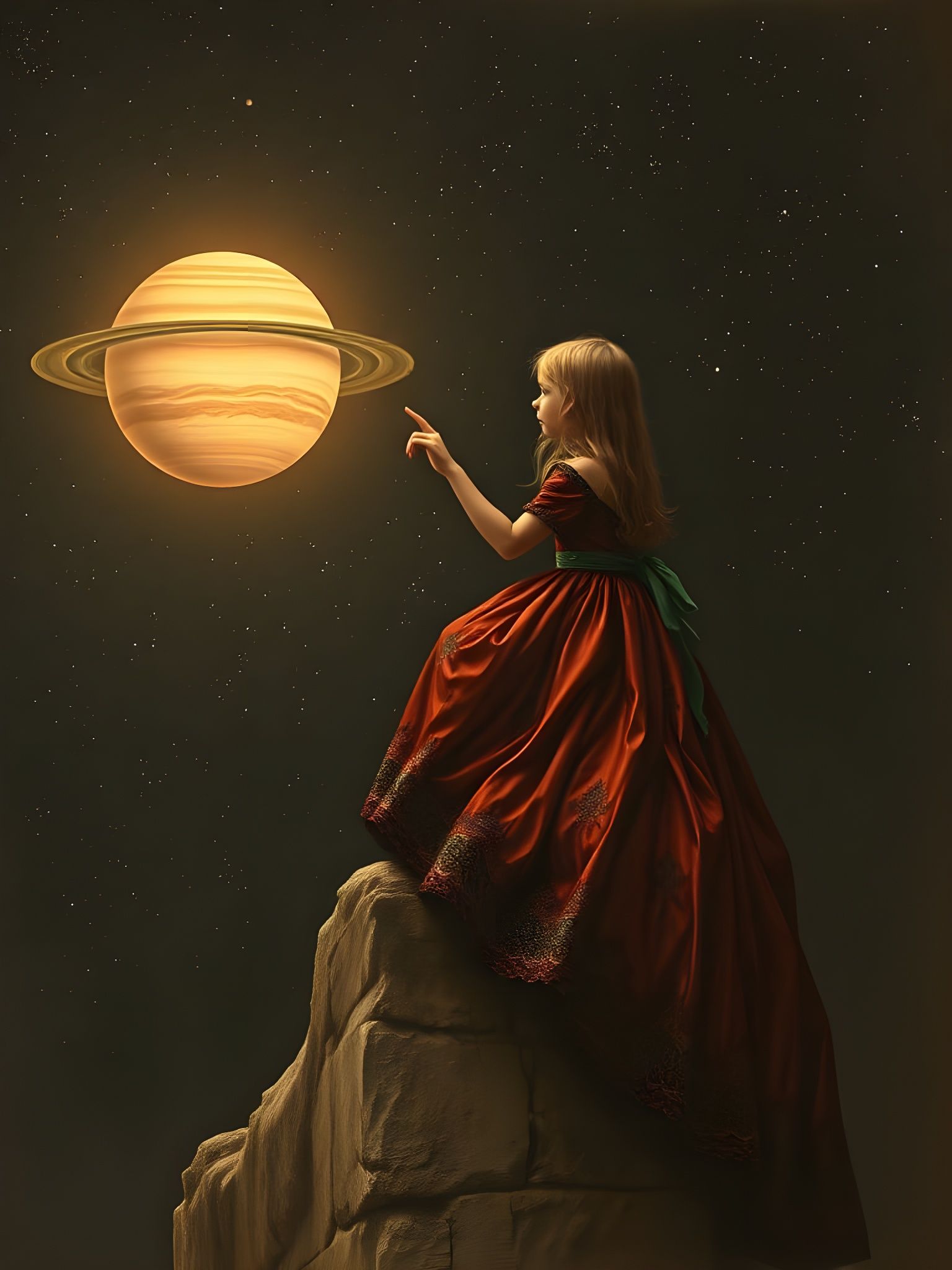 Ethereal Girl Contemplates Saturn in a Dreamlike Cosmic Scen...