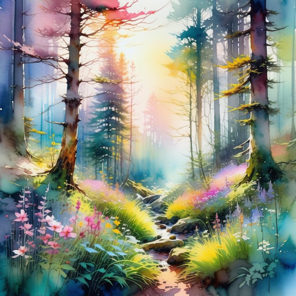 Spring Forest Watercolor Fantasy Art