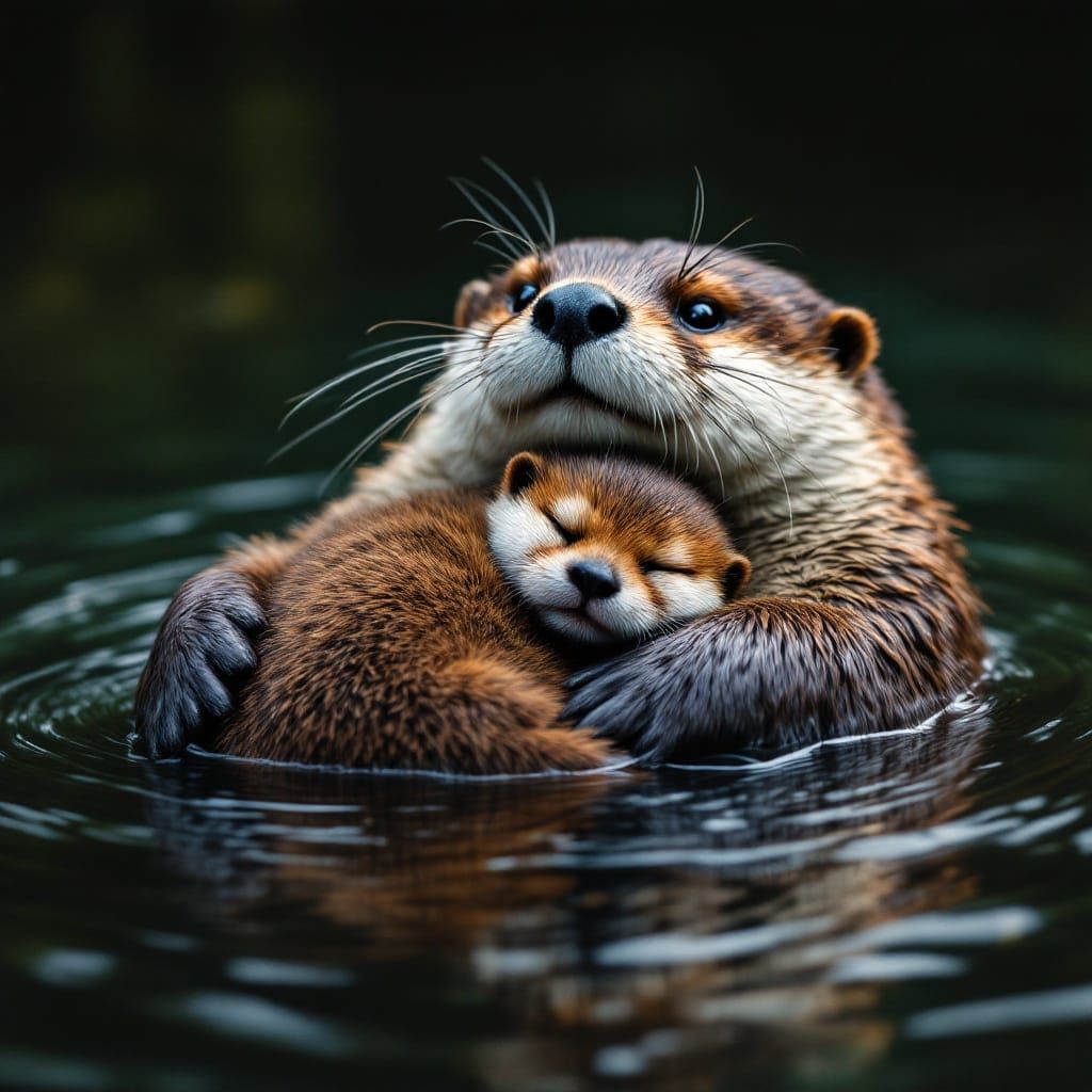 Photographic Quality, Ultra Realistic. a female otter is lying on her back in a lake, her baby is sleeping on her front.