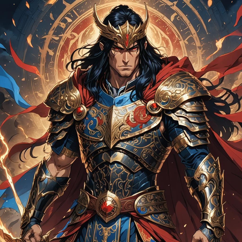 Anime Ares in Ancient Armor with Red Cape