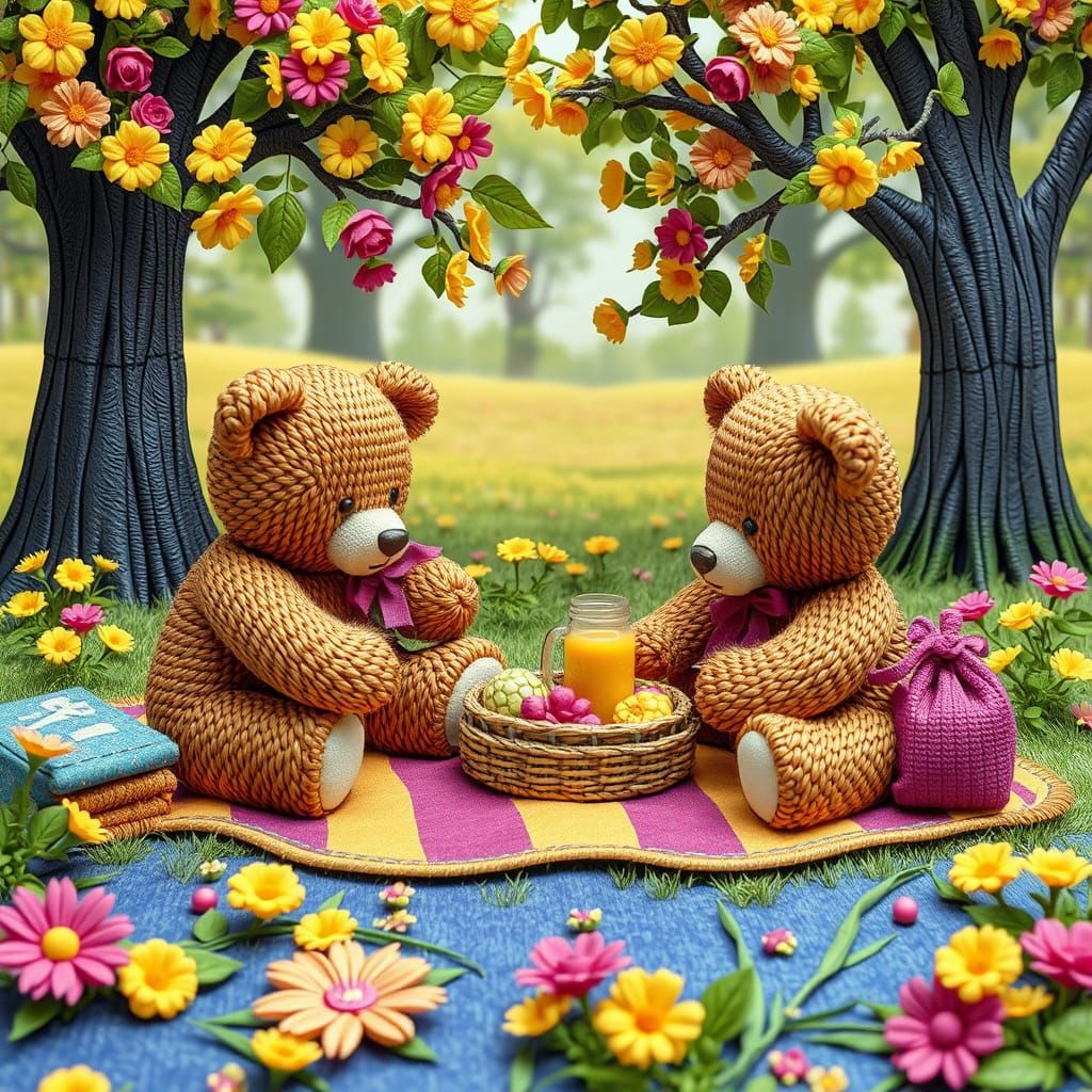Teddy bears picnic. The whole scenery is made entirely of bo...