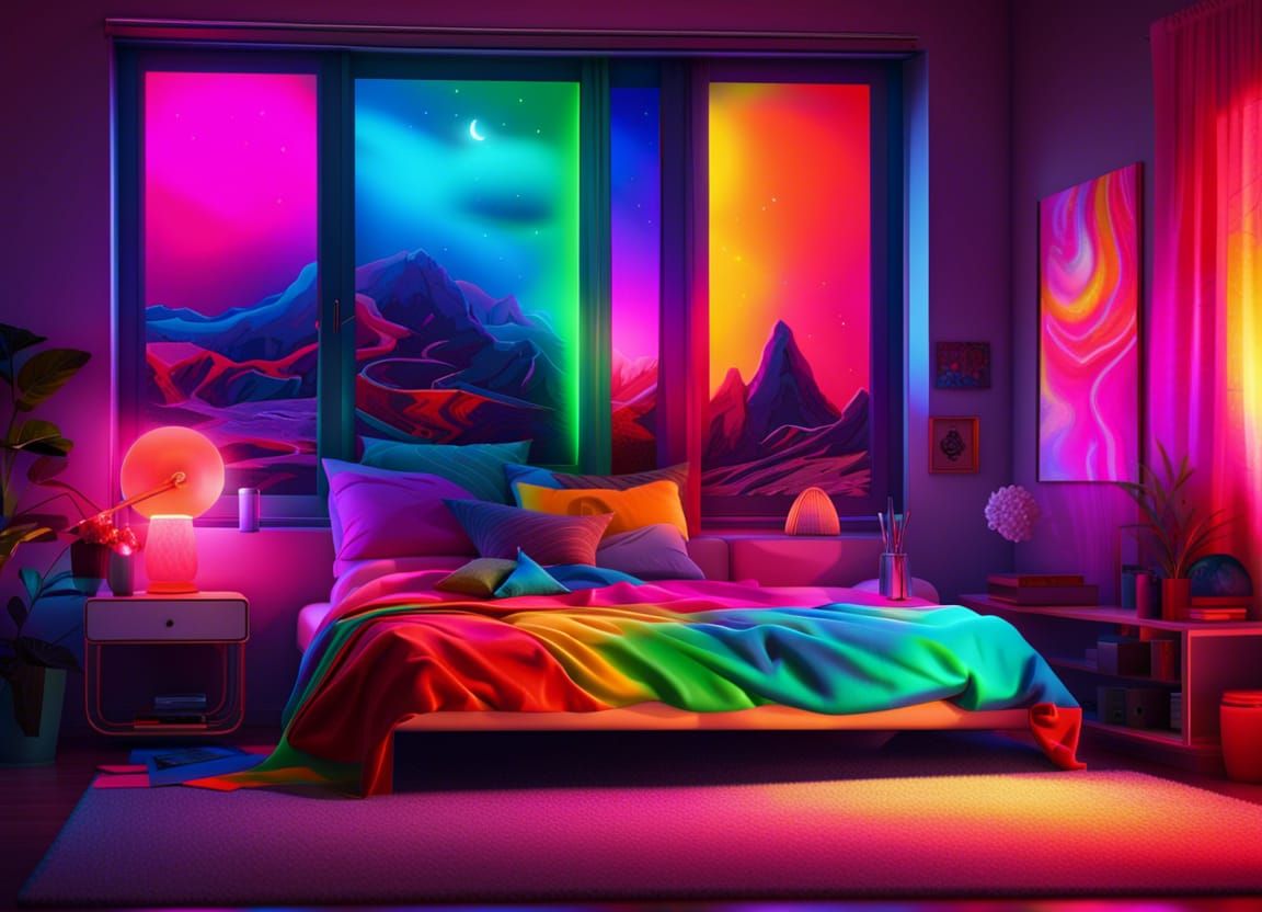 Photorealistic Neon Bedroom with Rainbow Pillows