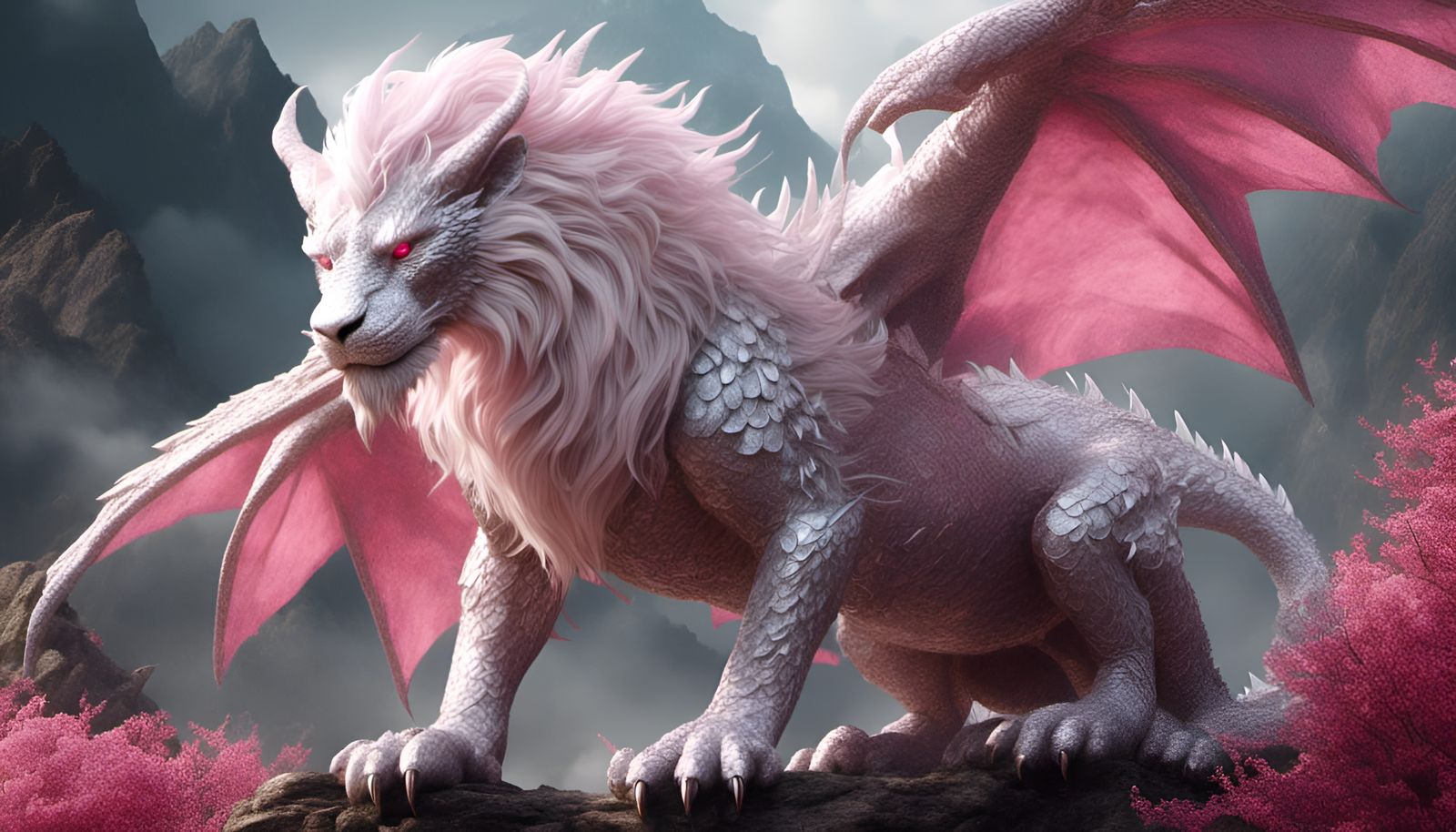 Friendly Dragon with Lion Mane and Ruby Eyes