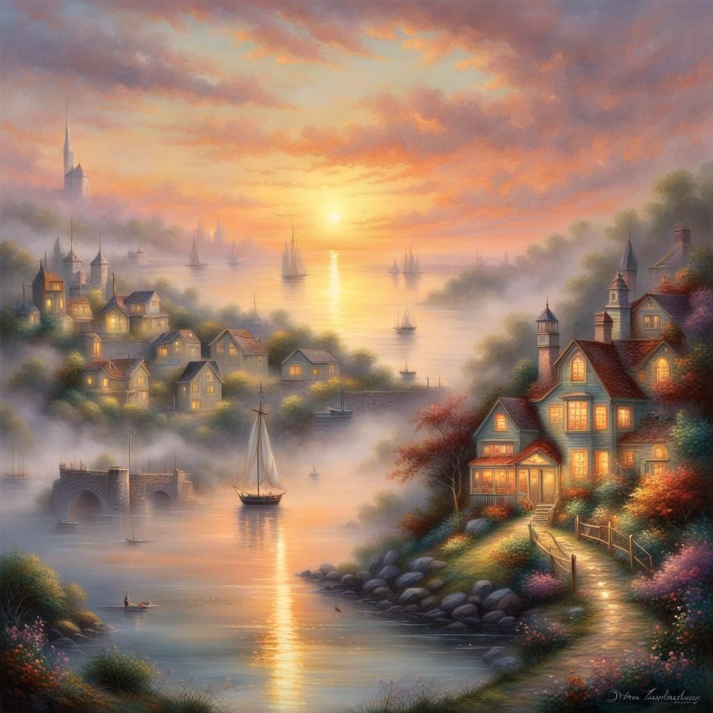 Ethereal Sunset Over Bay in Kinkade Style