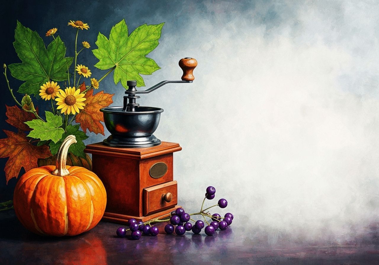 Autumn Coffee Grinder and Pumpkin in Painterly Style