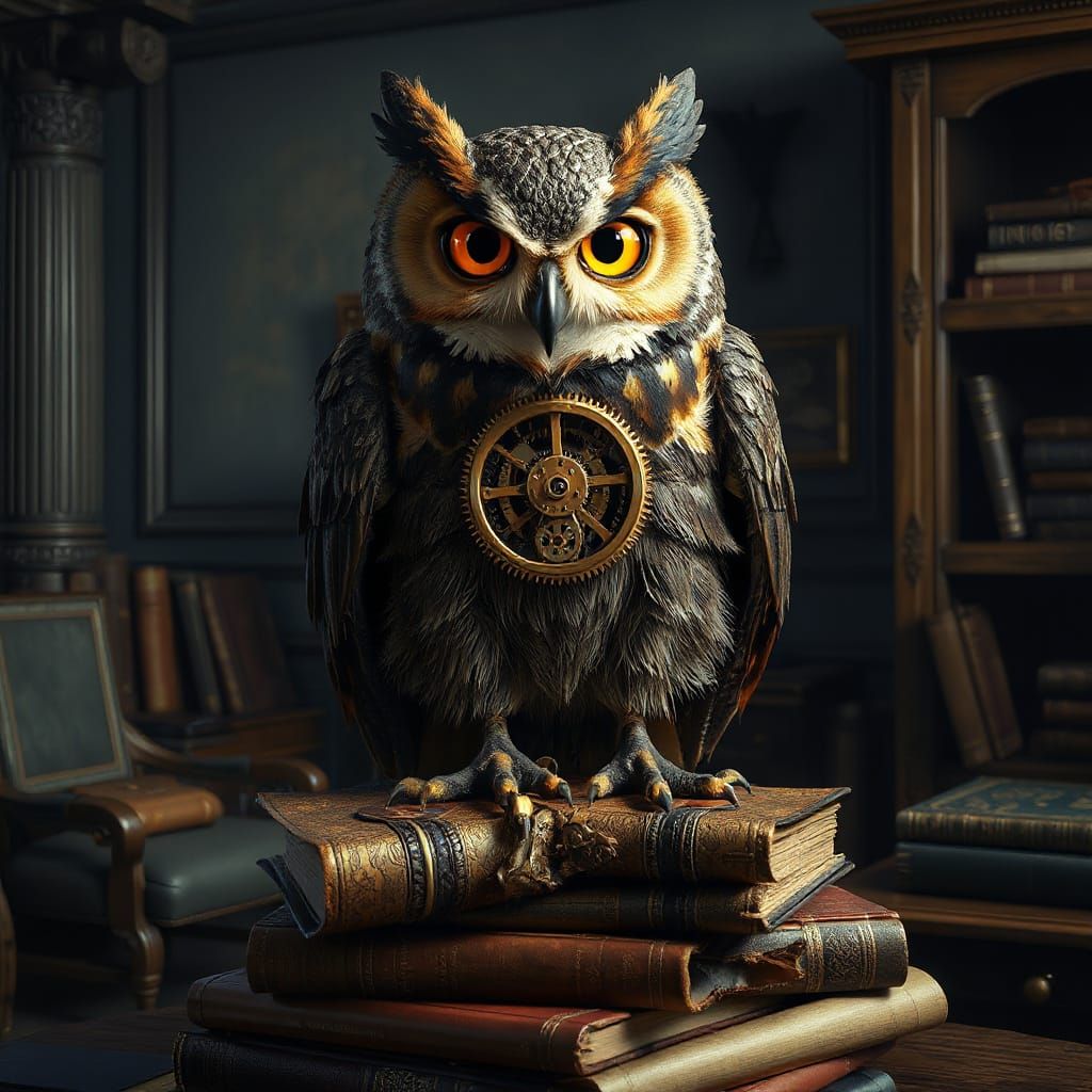 Clockwork Owl on Books in Victorian Study