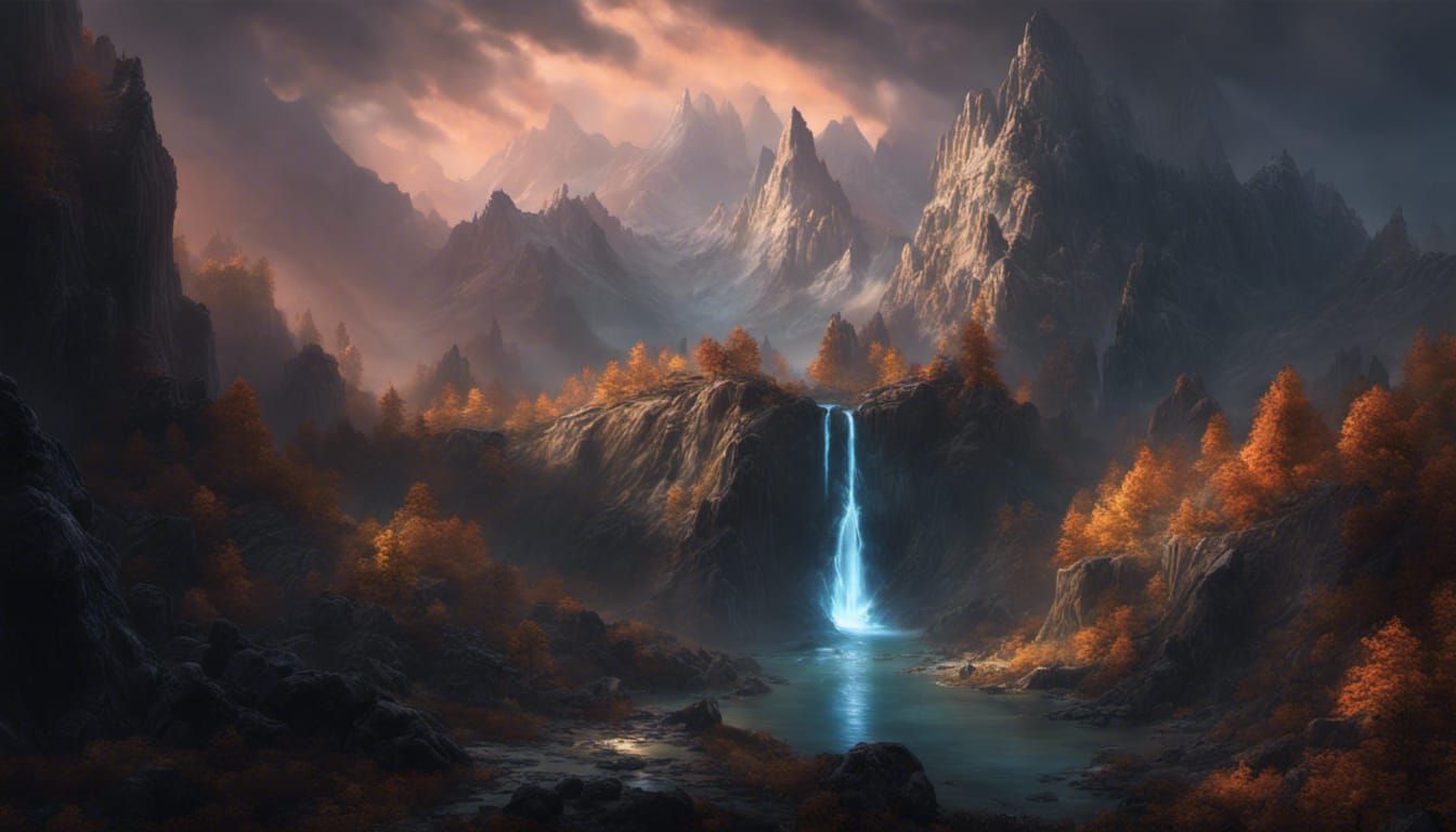Dark Fantasy Mountain Landscape with Waterfall