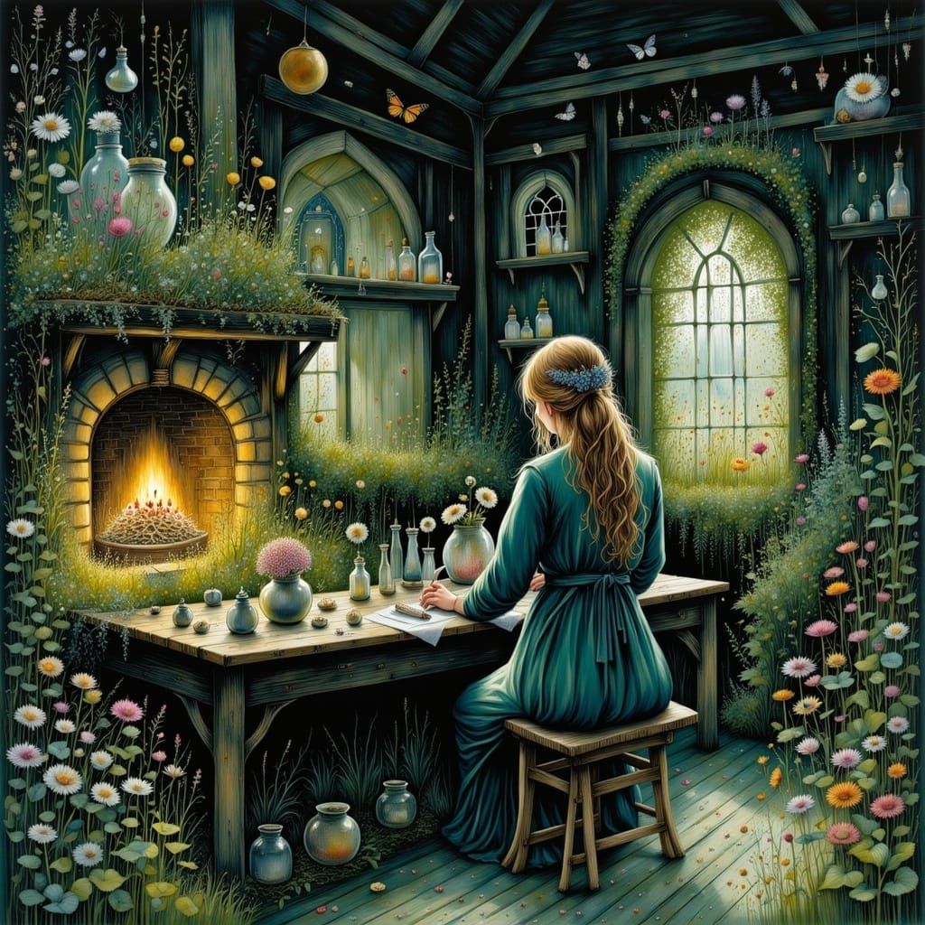 Medieval Herb Woman's House: Detailed Illustration