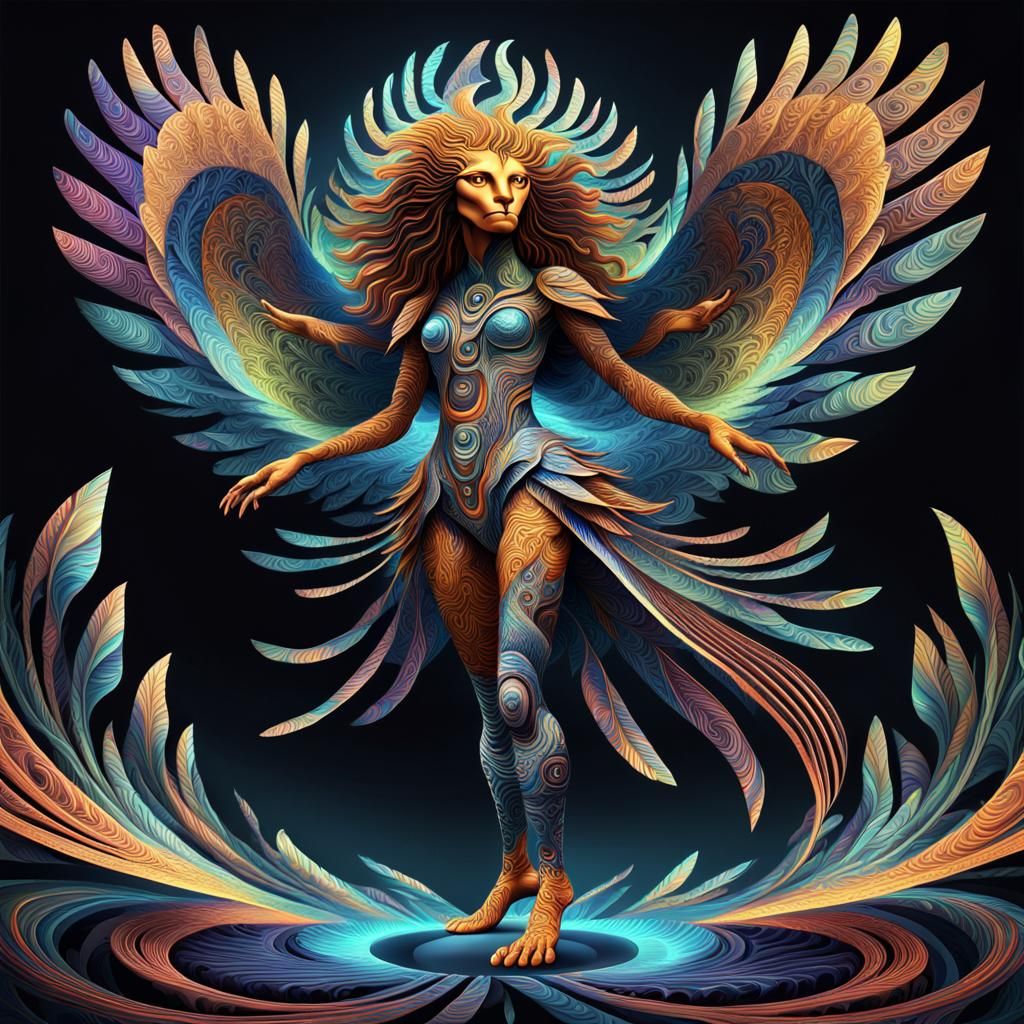 Surreal Lion Eagle Woman on Fractal Plane