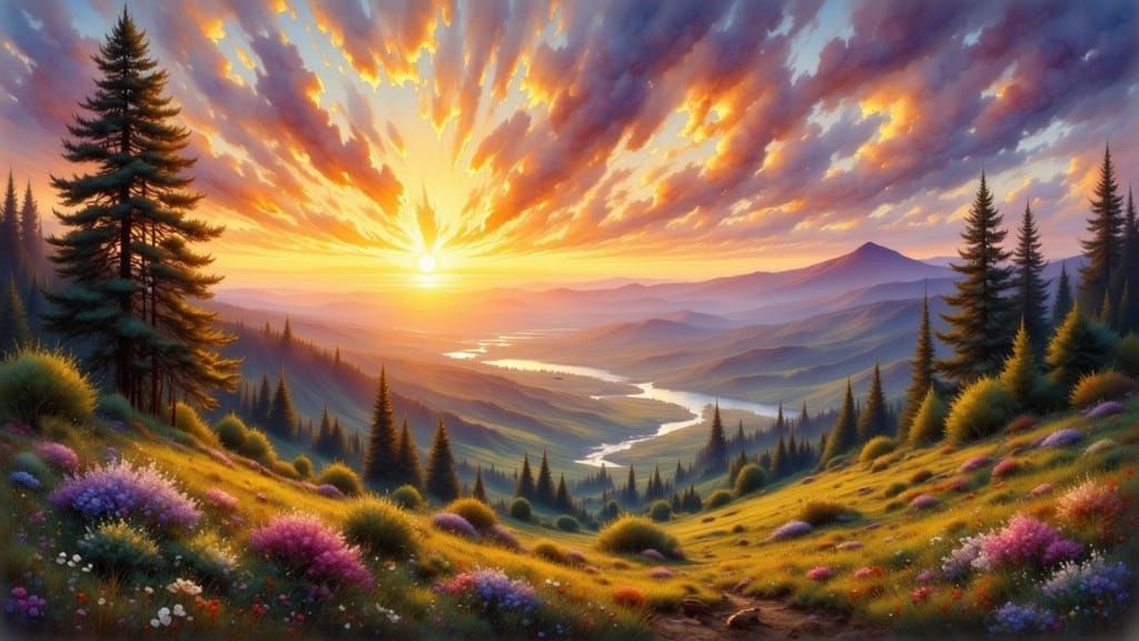 Glorious Sunrise Over Distant Foothills in Impressionist Sty...