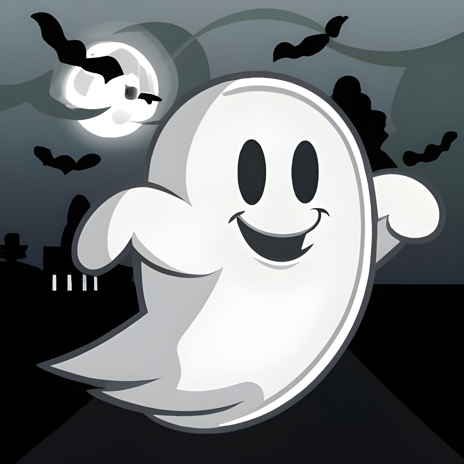 Retro Cartoon Ghost Floating Happily at Night