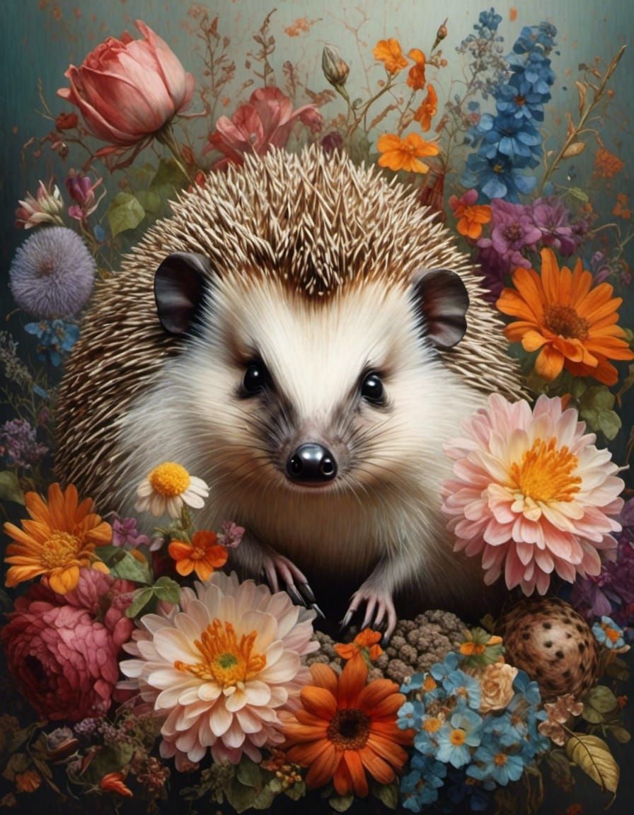 Hedgehog Among Exotic Flowers: A Detailed Masterpiece