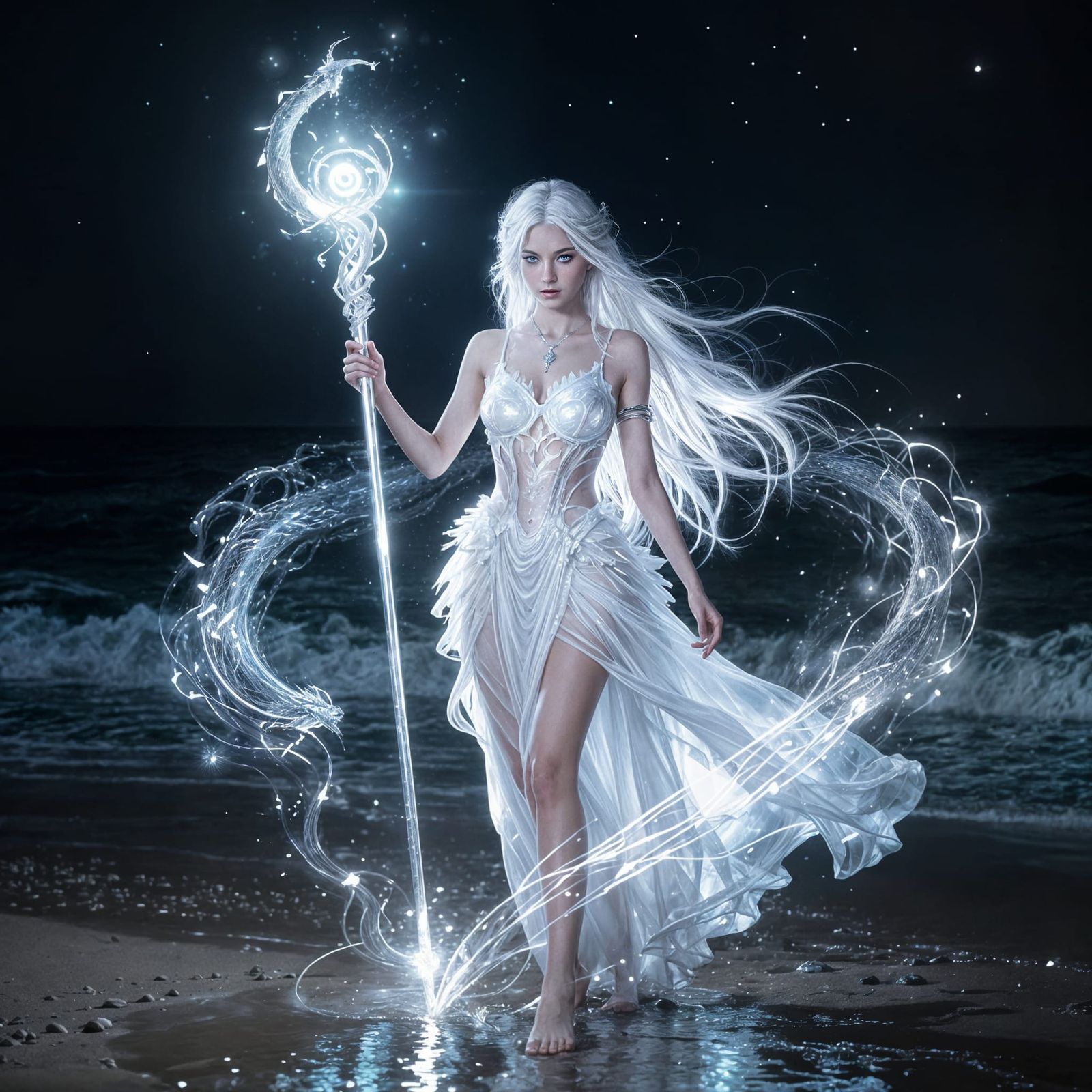 Sorceress Conjures Serpent Energy in Luminous Ocean Scene
