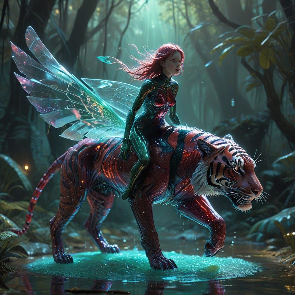 Gelatinous Goddess Rides Emerald Tiger in Hyperrealistic Art
