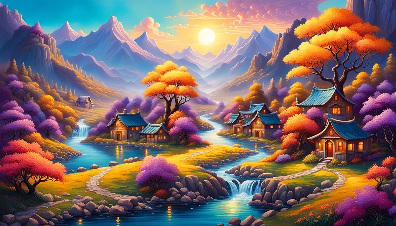 Mystical Village in Floral Mountains, Klimt-Inspired Art