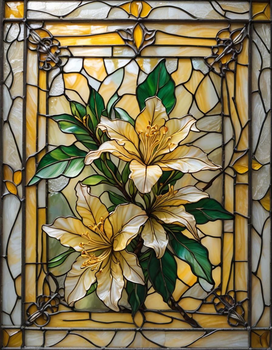 Traditional-Stained glass art, medium shot. Small, vibrant y...