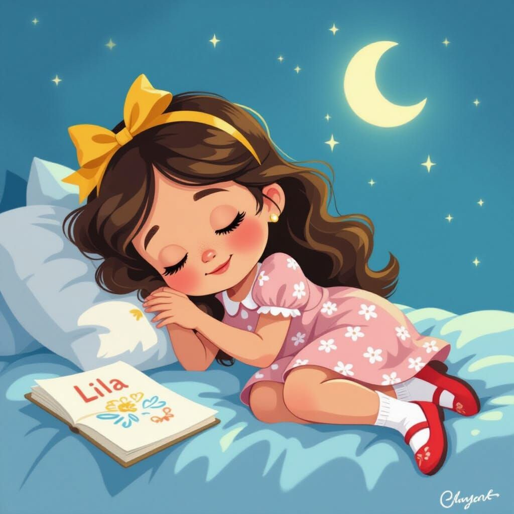 Lila Asleep on Bed in Whimsical Children's Book Style