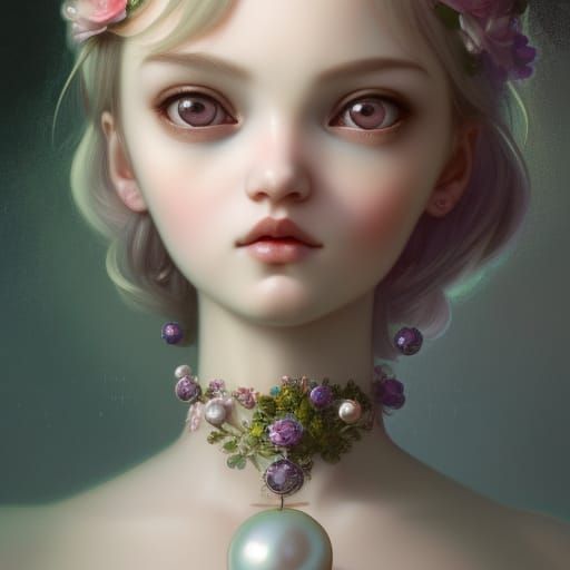 Sad BJD Doll Portrait with Flowers and Pearls