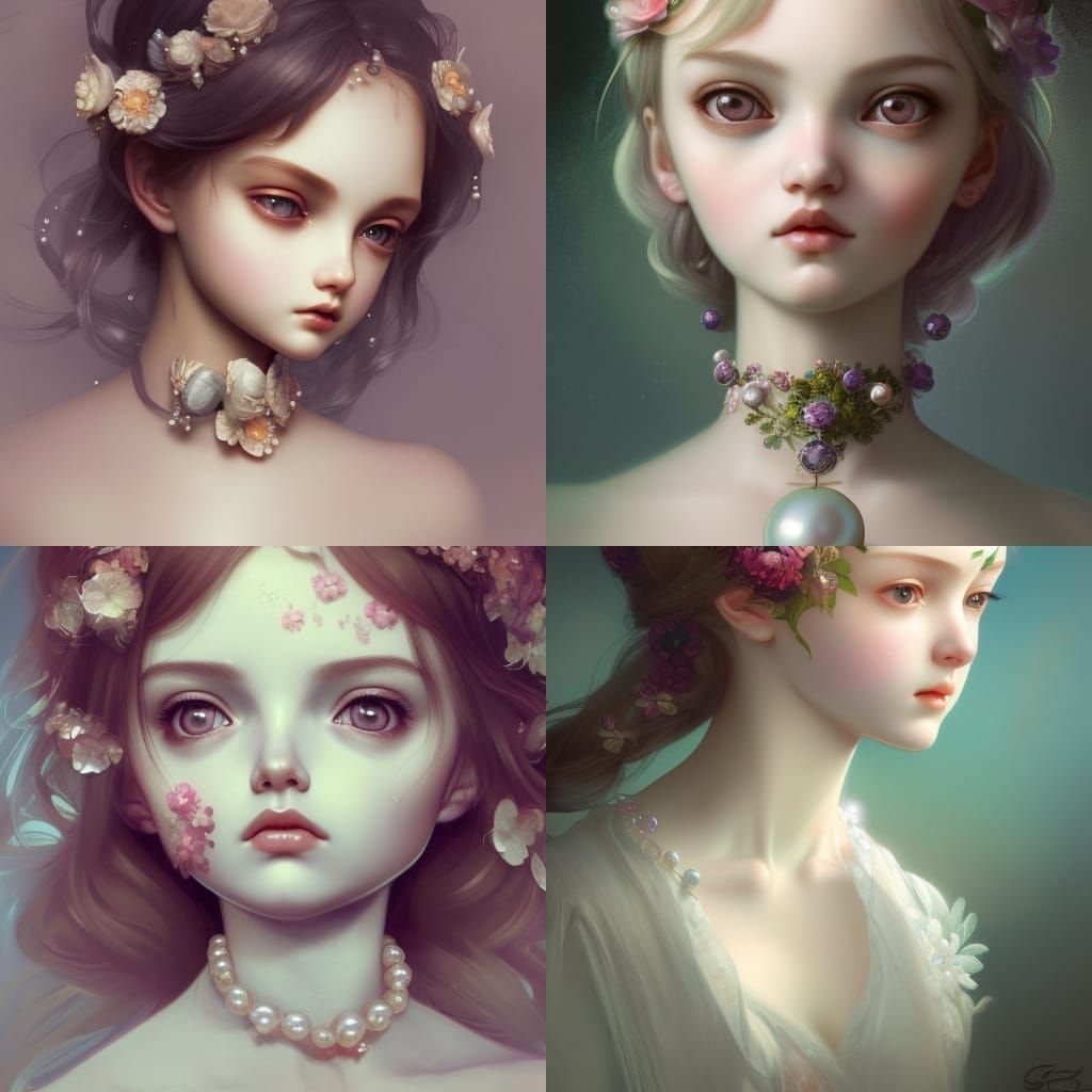 Sad Doll with Flowers and Pearls: Hyperdetailed Portrait