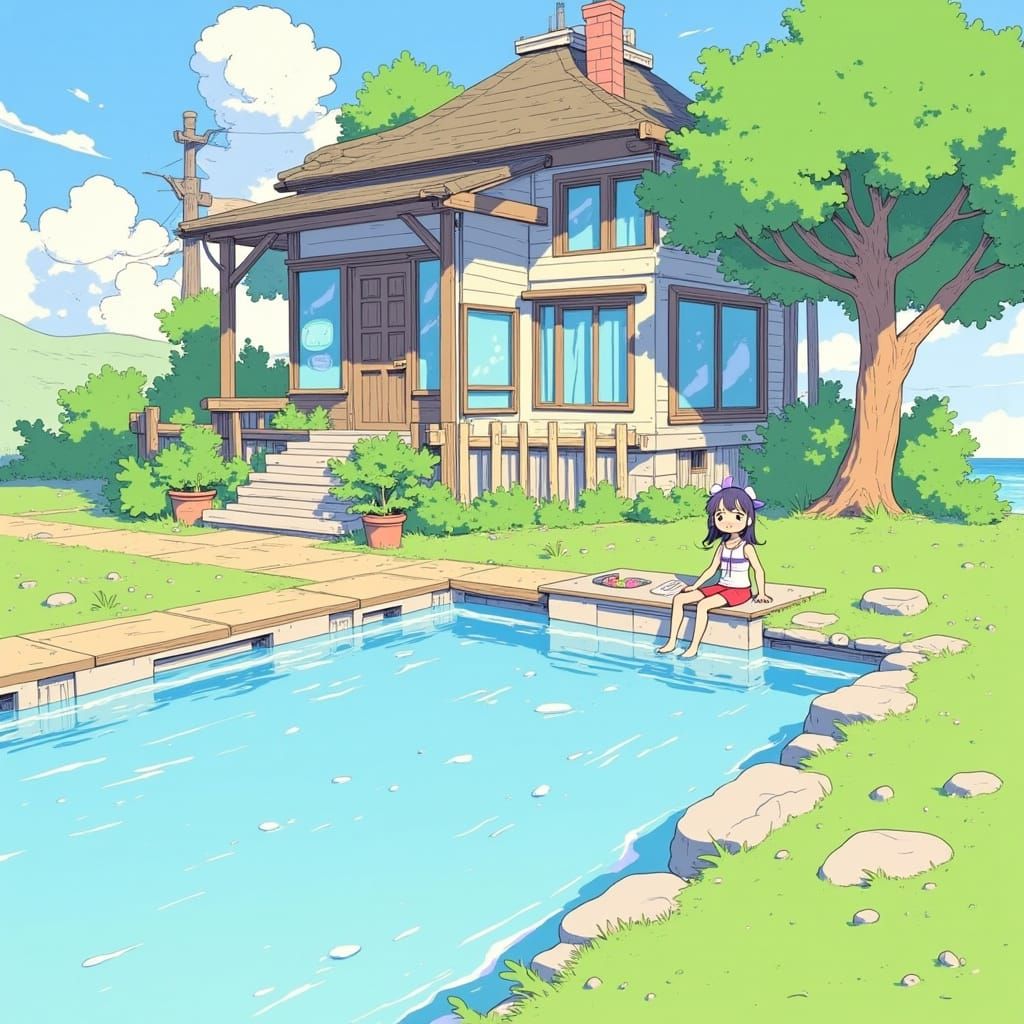 Anime House with Pool in Japanese Manga Style