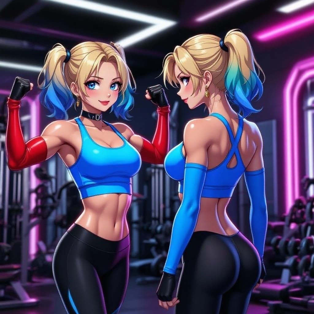 Muscular Woman Flexing Biceps in Futuristic Gym