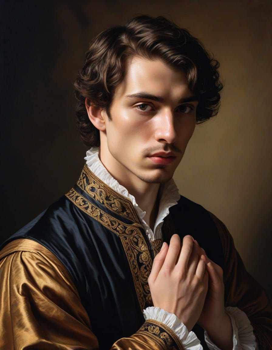 Solemn Italian Noble in Renaissance Oil Painting