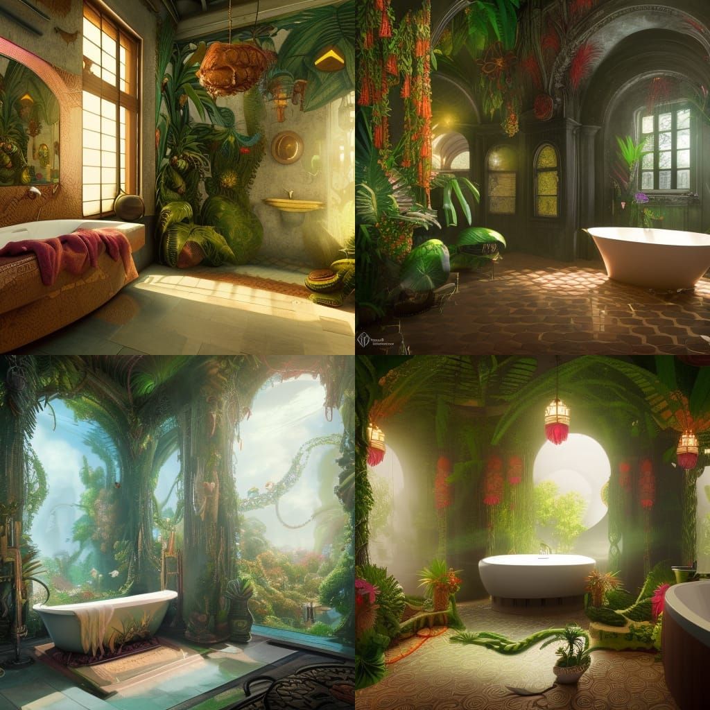 Tropical Bathroom with Hummingbird in Matte Painting