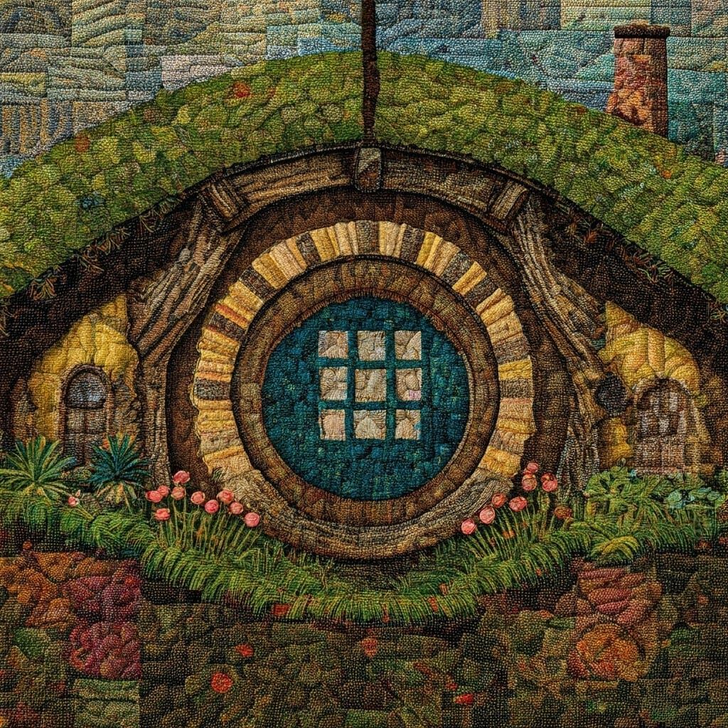 Patchwork Quilted Hobbit Hole Fabric Collage