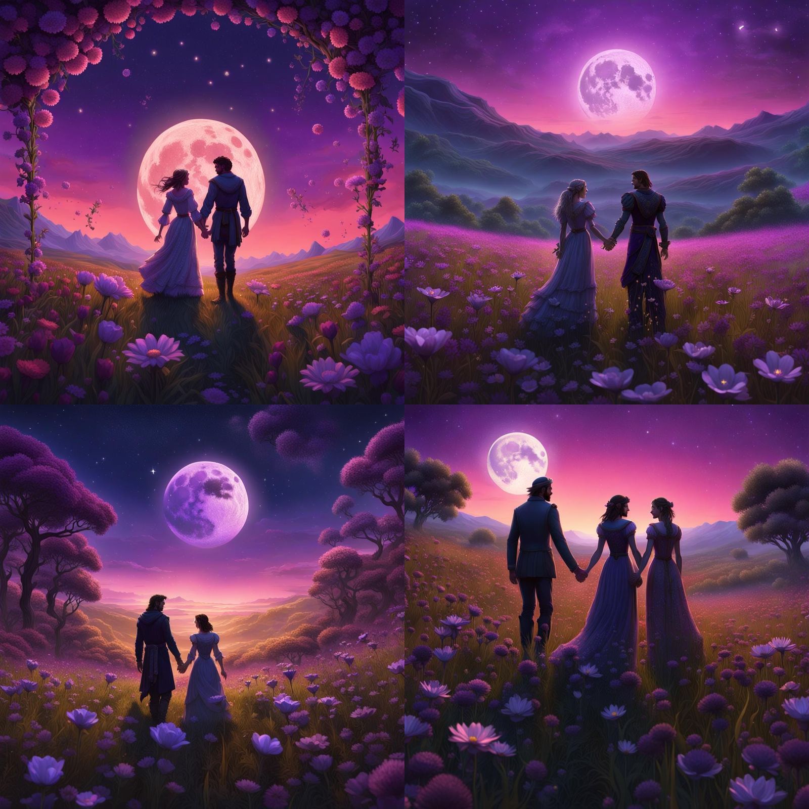 Lovers in Meadow under Purple Sky, Fantasy Art
