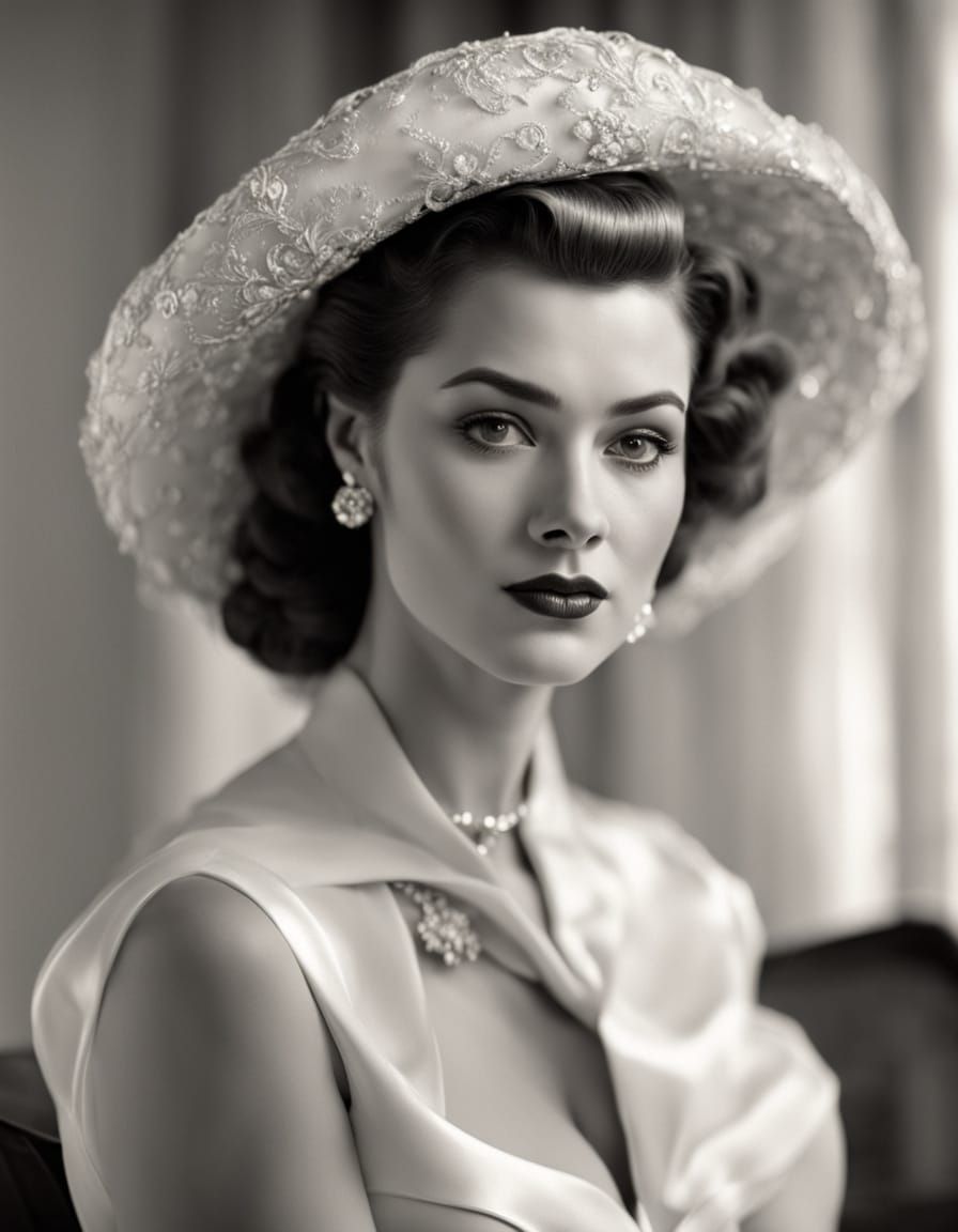 Elegant 1950s Black and White Portrait of a Plump Woman with...