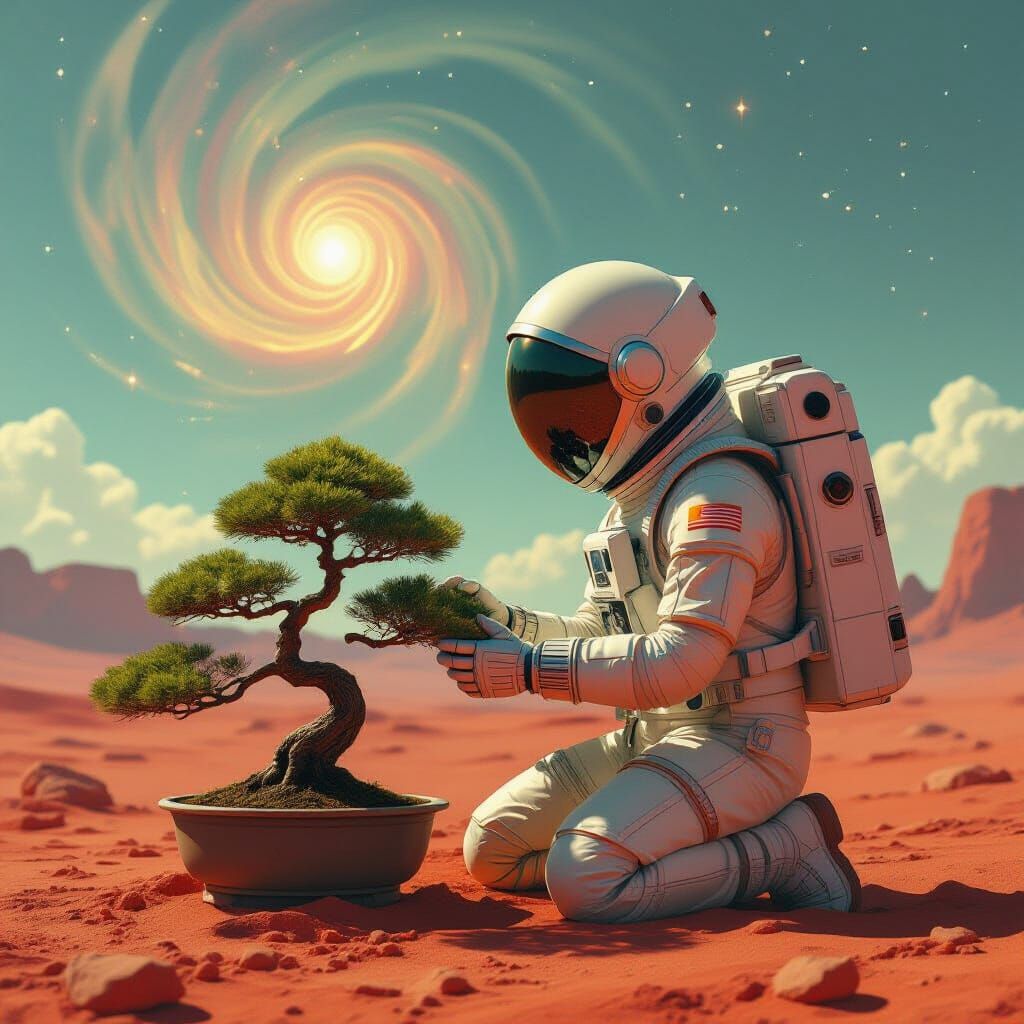 Astronaut Pruning Bonsai on Alien Planet in Dreamlike Fantas...