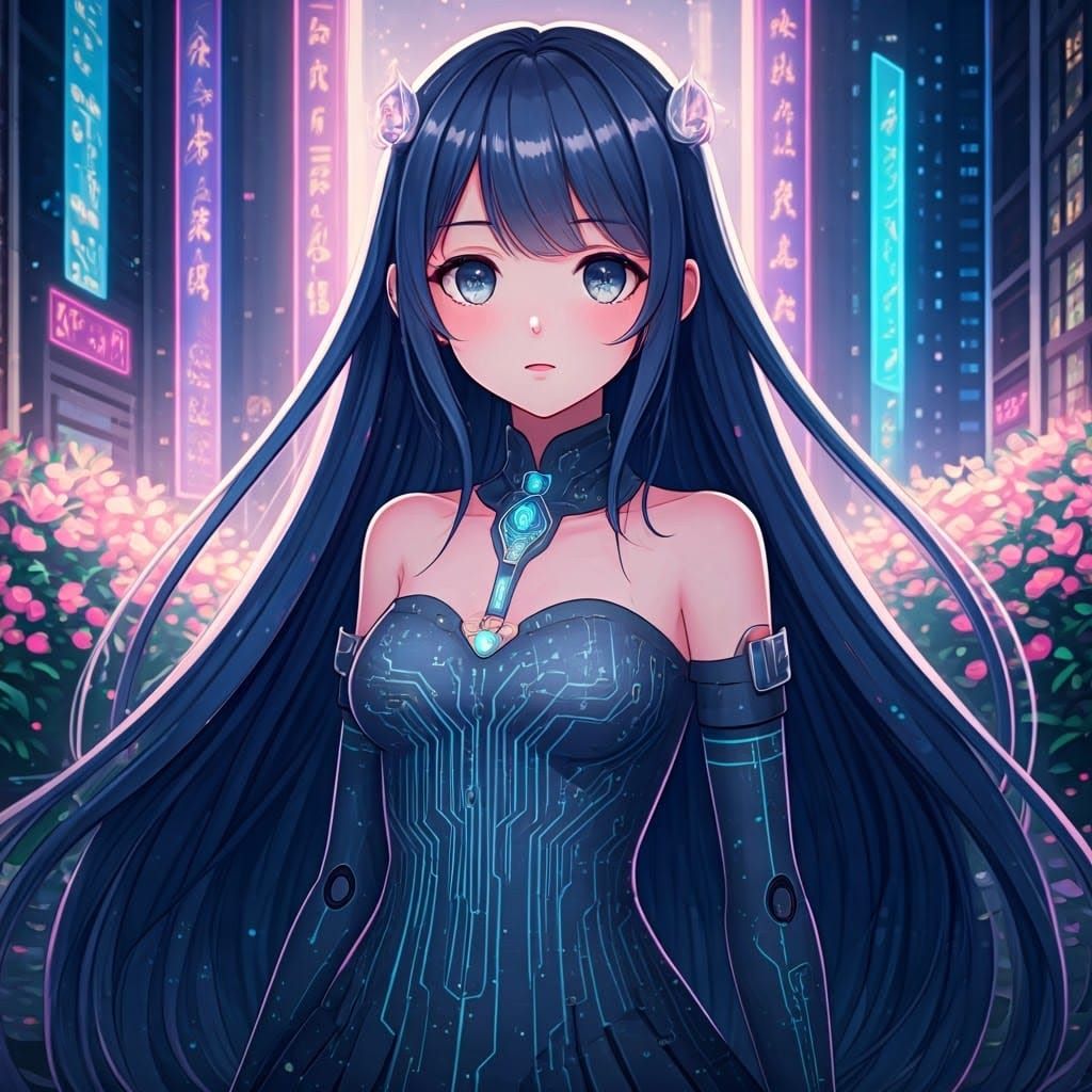 Futuristic Magical Girl in Cyberpunk Anime Style